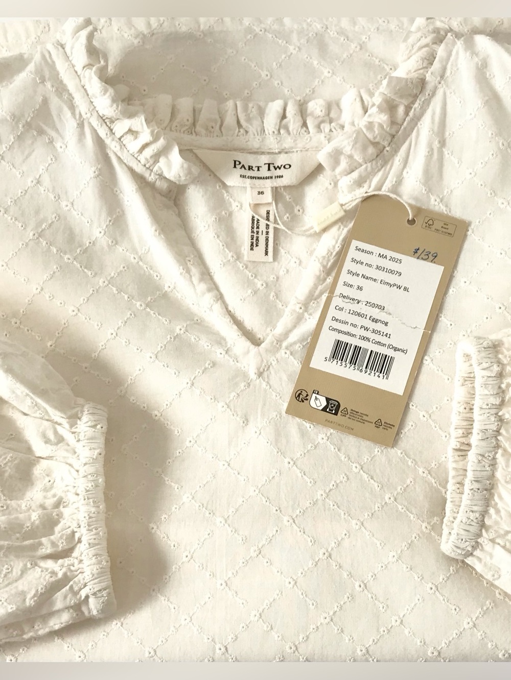 NWT Part Two Eimy Blouse Cream Eyelet Ruffle V-Neck Puff Sleeve Boho Cotton US 6